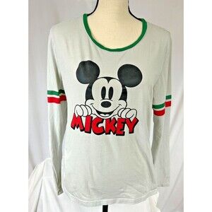DISNEY Mickey Mouse Long-Sleeved Gray T-Shirt-Christmas Green/Red-Women's Sz M